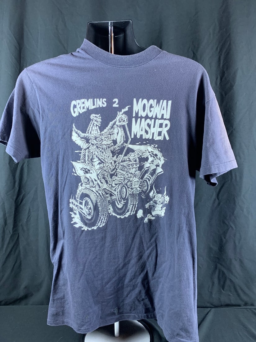 Vintage Gremlins II: Rick Baker Creature Shop "Mogwai Masher" shirt: Discoloration on shoulders and a hole on bottom back of shirt
