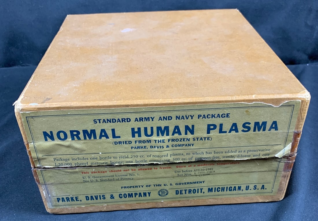 Original WW2 WWII Normal Human Plasma box: Parke Davis & Company MFG. Incredible box with original seals