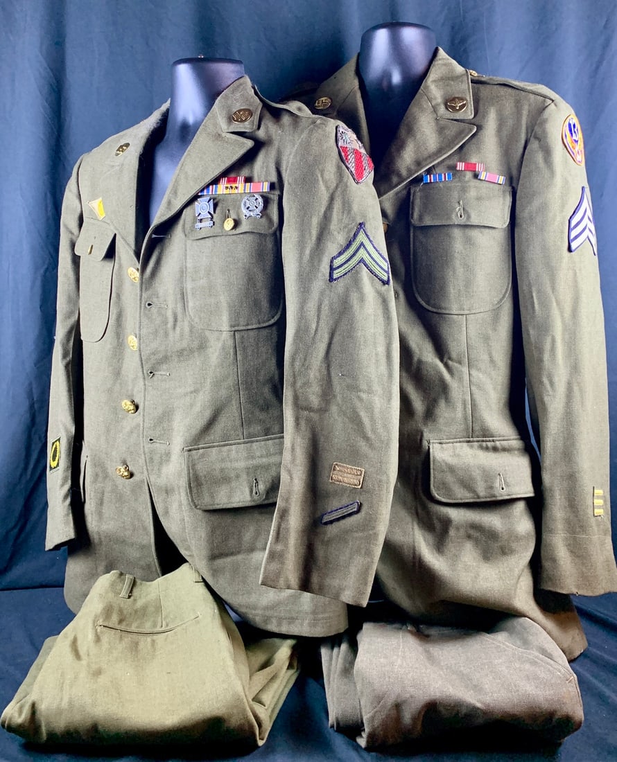 Lot of WW2 WWII USAAF Uniforms.: Includes a 10th AF CBI Bullion patched Class A and a 13th AF Class A. Mothing and stains may be present