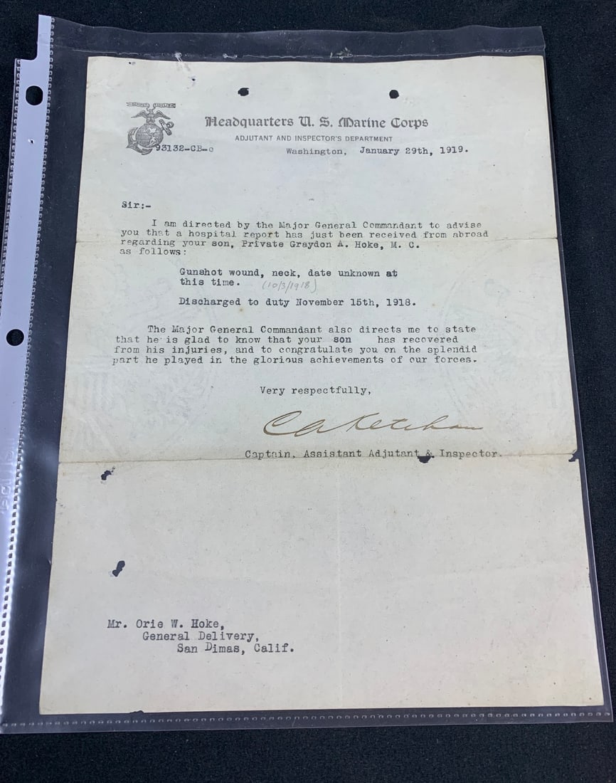 Original WW1 WWI wounded Marine USMC Letter: Dated 1919 and sent to the family of Private Grydin A. Hoke