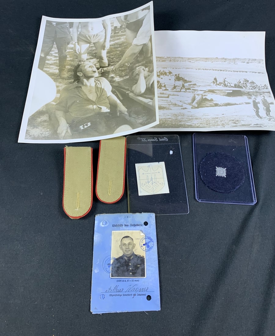 Mixed lot of original WW2 WWII German Third Reich Insignia: Lot includes named german police ID. German Army helmet decal. Afrika corps shoulder boards, 2 photographs and a hitler youth patch with original tag