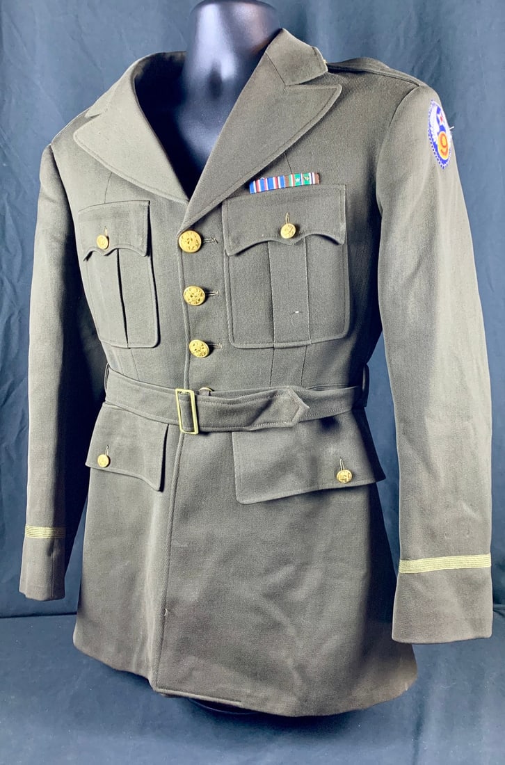 Named WW2 WWII 9th USAAF 4 pocket jacket: Nice chain stitched 9th air force patch and Sewn on ribbon bars. Named to A. E. Letey. Roughly 19" P to P