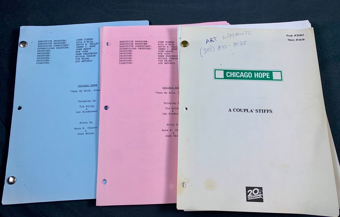 Original scripts form the Tv Show Chicago Hope: Named to Art Lipshultz who was the prop master on the show. Features 2 different episodes scripts with on containing notes on back