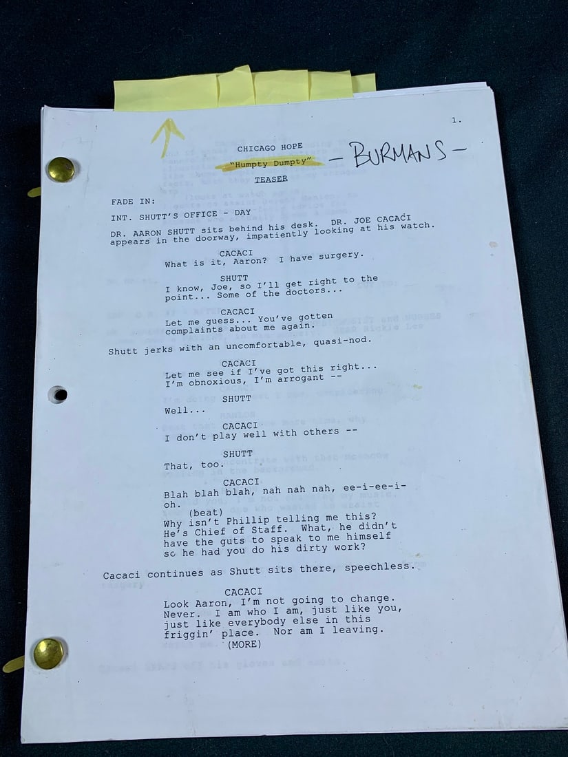 Makeup Effects artist Tom Burmans Personal Script for The Chicago Hope Tv Series (1 of 7)