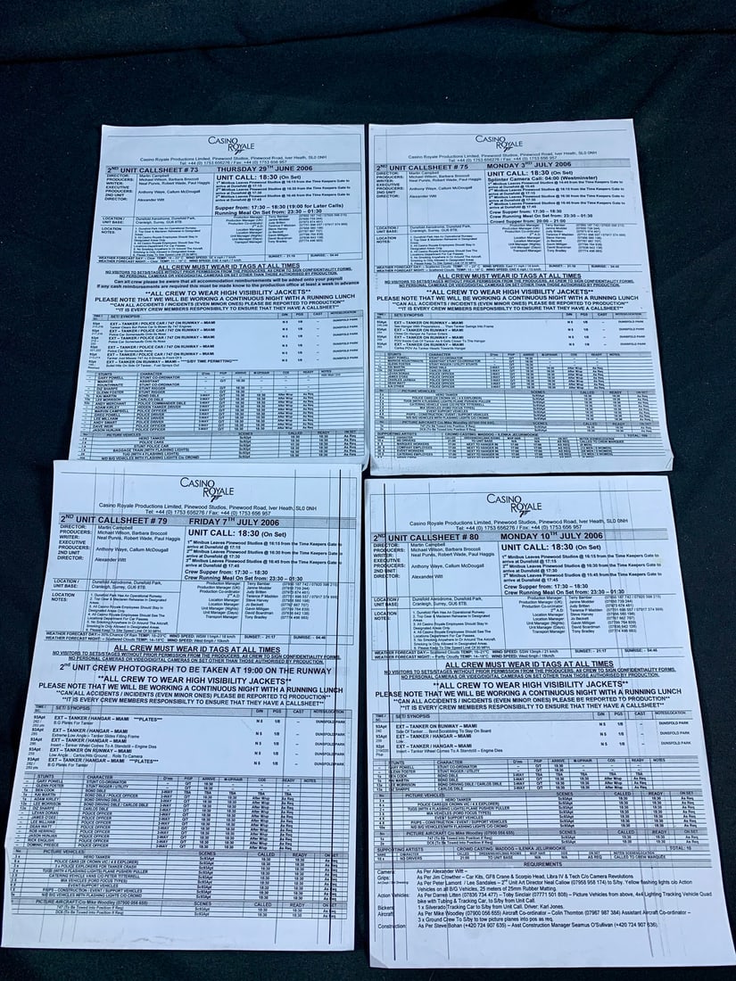 Original Call sheet lot from the James Bond Film Casino Royale 1997 (1 of 6)