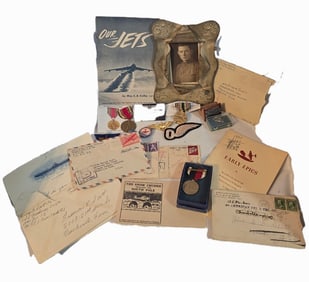 WWII grouping of items WWI phot, stamp , pins, mail, patches, medals