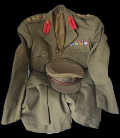 WWI/WWII British Artillery Uniform and Hat , named on hat, WWII Pacific Ribbon, field repairs