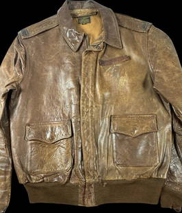 Original WWII Bronco A-2 Flight Jacket – Lt. M.R. Schwartz, Size 44: This authentic WWII-era A-2 flight jacket, manufactured by Bronco, is a desirable Size 44 and named to Lt. M.R. Schwartz, service number O-650263. The leather remains in very good condition—still pl