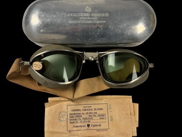 WWII American Optical Flight Goggles in Original Case Dated August 8, 1945