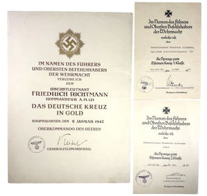 WWII German Cross in Gold Formal Document Group to Heer Lt. Col 1940