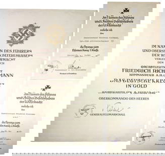 WWII German Cross in Gold Formal Document Group to Heer Lt. Col 1940: Group of three documents to Oberstleutnat Friedrich Richtmann of the 121st Infantry Division. Richtmann served as commander of the 1st Artillery Reg., of the 121st Infantry Division. He was awarded th