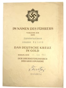 WWII Formal German Cross in Gold Document - Kriegsmarine