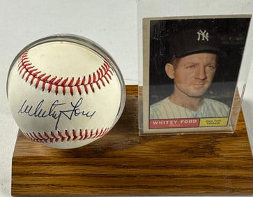 Whitey Ford Autographed Baseball with 1961 Topps Baseball Card