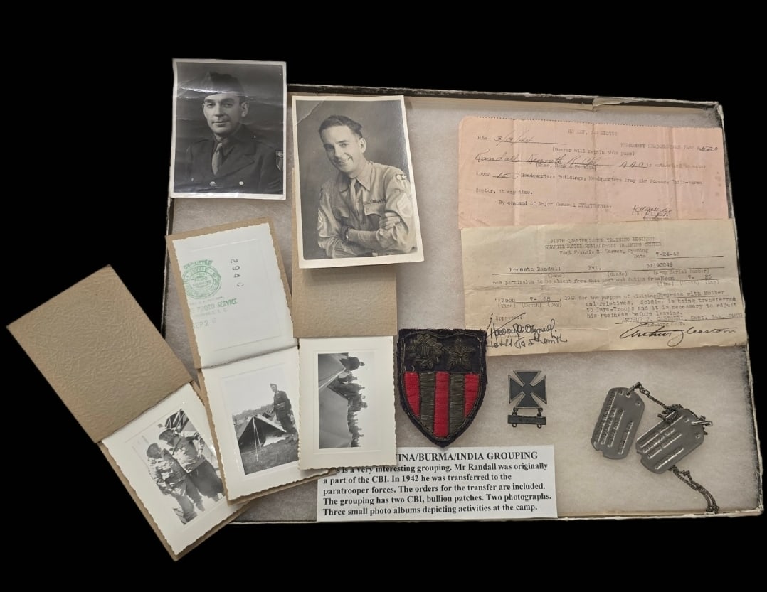 WWII CBI NAMED GROUPING WITH TRANSFER TO PARATROOPS: This is a very interesting grouping. Mr. Randall was originally a part of the CBI in 1942, he was transferred to the paratrooper forces. The order for the transfers are included. The grouping has one 
