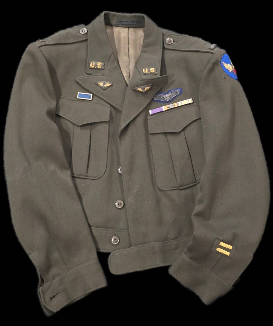 RARE CUT DOWN BULLION UNIFORM WWII PILOT BLUE COMBAT LEAD *UNNAMED: RARE CUT DOWN BULLION UNIFORM WWII PILOT BLUE COMBAT LEAD *UNNAMED This uniform is gorgeous with all the bullion patches. small minor mothing in a few places but otherwise a great and rare cut down. w