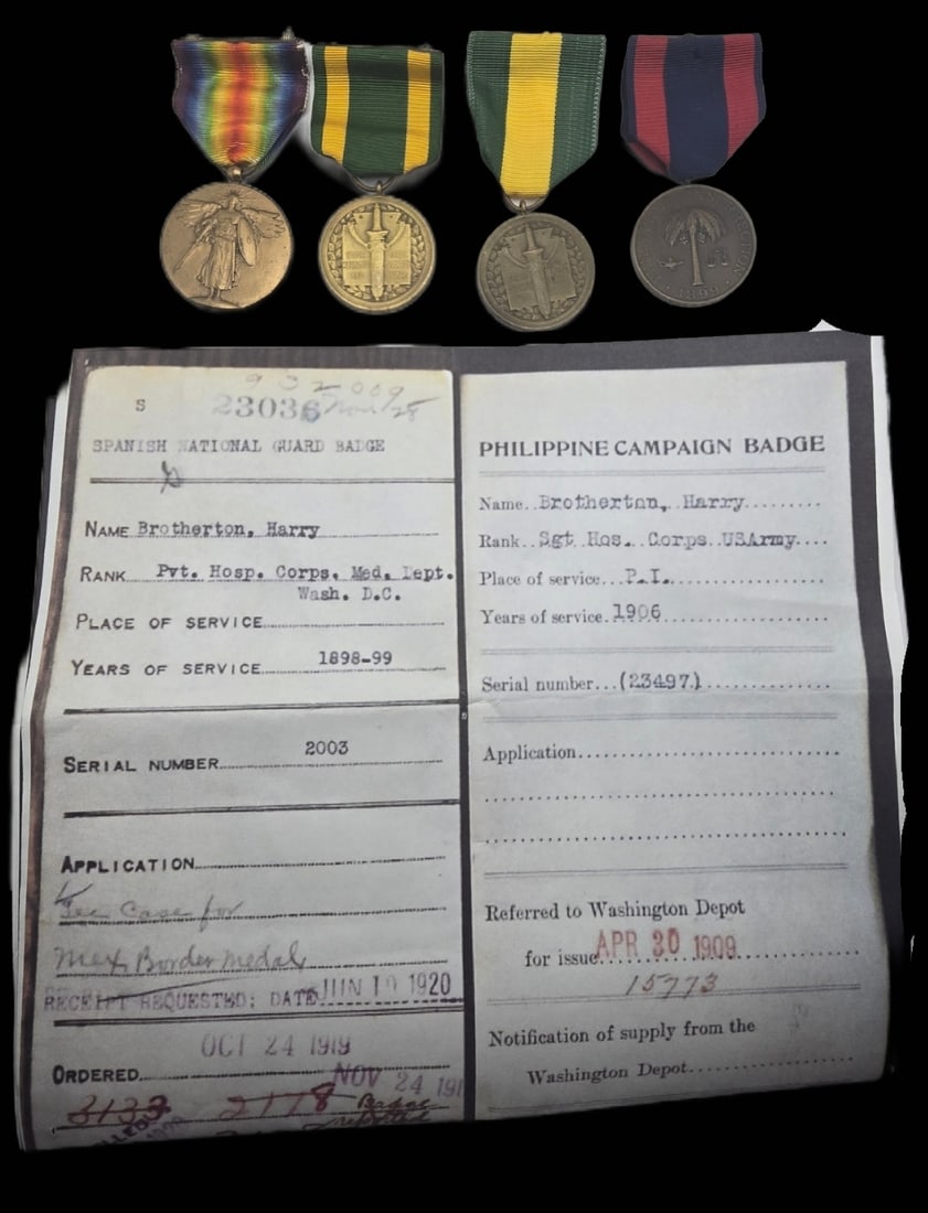 US Army medal group, SAW-WWI three campaign & WWI Victory. ID'd. Very nice numbered campaign medals: US Army medal group, SAW-WWI three campaign & WWI Victory. ID'd. Very nice numbered campaign medals grouping. SAW Service (#2178), Philippine Campaign (No. 15773), Mexican Border Service (7642), WWI V