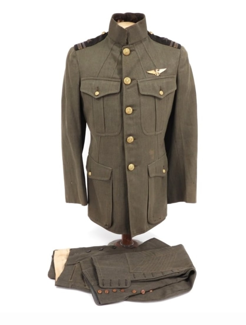 WWI C. 1918 Green Twilled tunic with brass navy buttons aviator wings named to Charles G Jackson: WWI C. 1918 Green Twilled tunic with brass navy buttons aviator wings named to Charles G Jackson Naval Aviator # 2330 named on pants