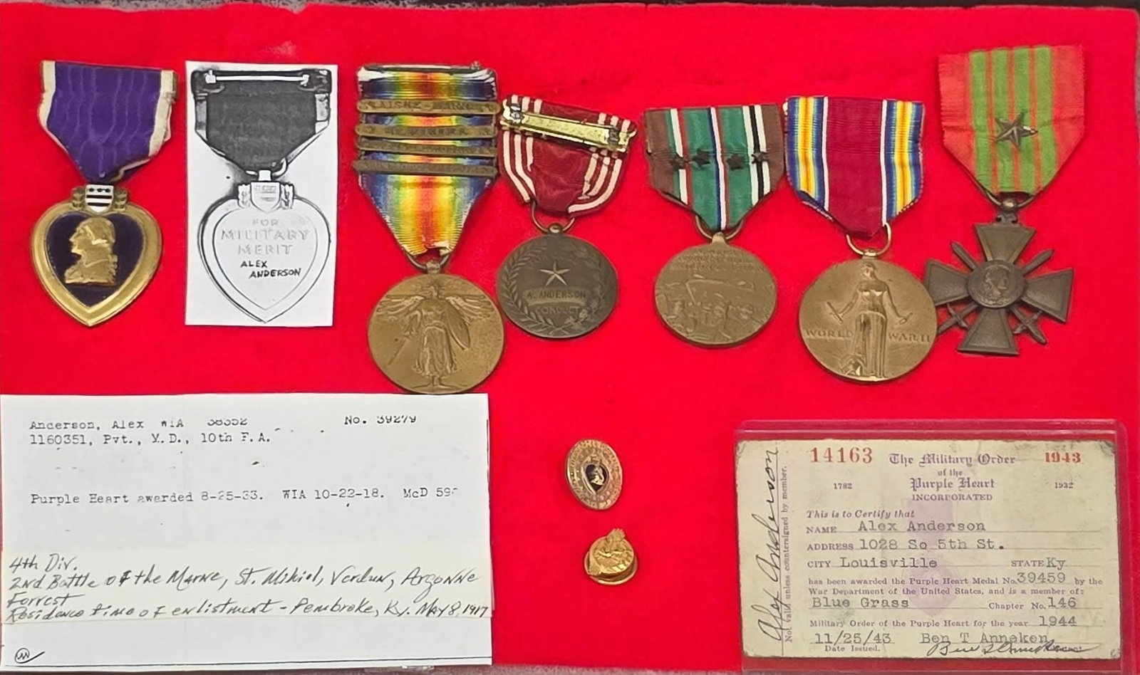 Rare NAMED & NUMBERED PURPLE HEART WWI/WWII VeteranWounded 10-22-1918 Alex Anderson Includes named: Rare NAMED & NUMBERED PURPLE HEART WWI/WWII VeteranWounded 10-22-1918 Alex Anderson Includes named good conduct & Order of the purple heart card and pin Shows purple heart number on card