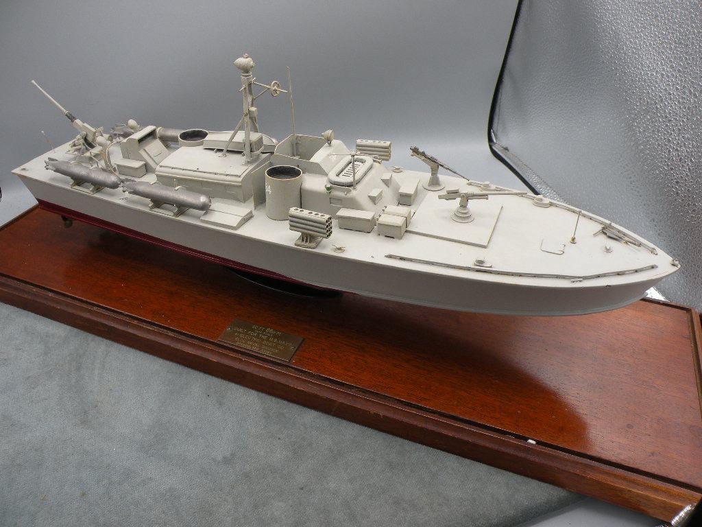 Extremely Rare PT Boat Factory Desk Model: ELCO Factory Builders Model, provided to Elco Naval Division Executives and select Naval Officers. There are only a few of these in private hands. One can be viewed at the JFK Museum. The black and wh