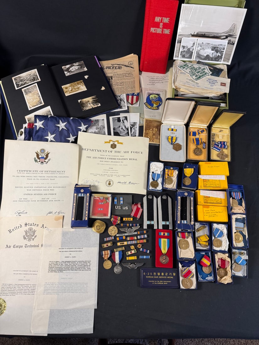 WWII-Post War Army Air Corps Medal and Document Group: Extensive collection to Chief Warrant Officer Robert L. Cloud. WO Cloud served during WWII with the ATC in the CBI theater, and received the Distinguished Flying Cross and Air Medal for extensive long