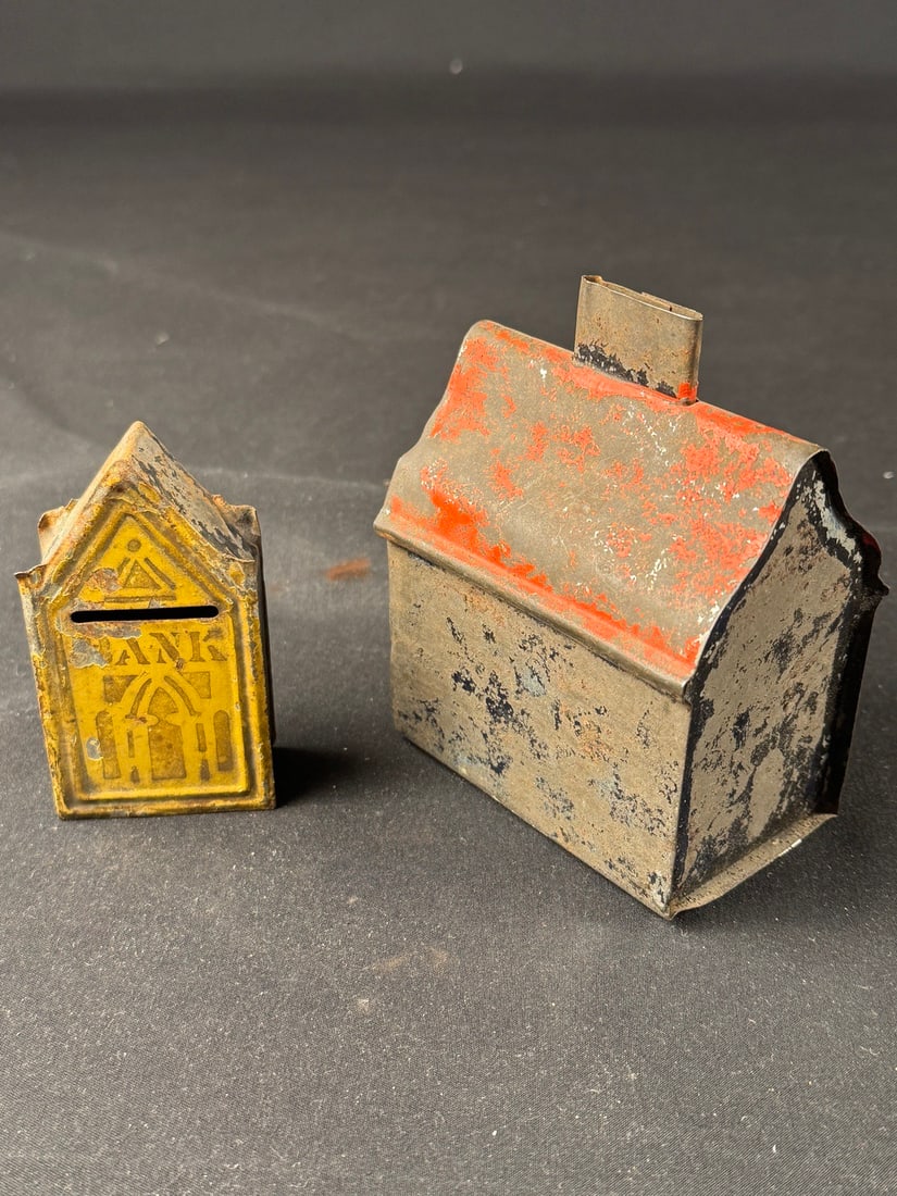 1860s - 1880s Vintage Painted Tin Bank Buildings: Early American George W. Brown or Stevens and Brown painted tin toy banks. Quite scarce.