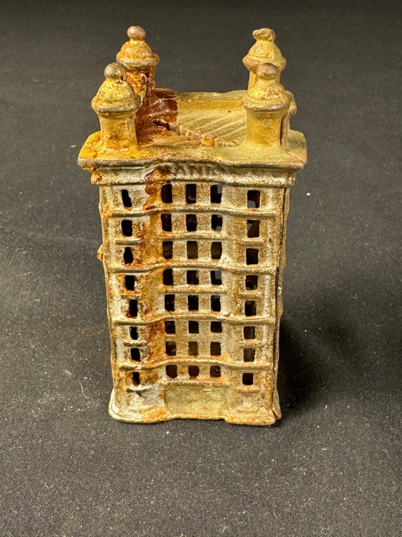 Vintage Cast Iron Building Bank c. 1900: Still retains some of the original paint.