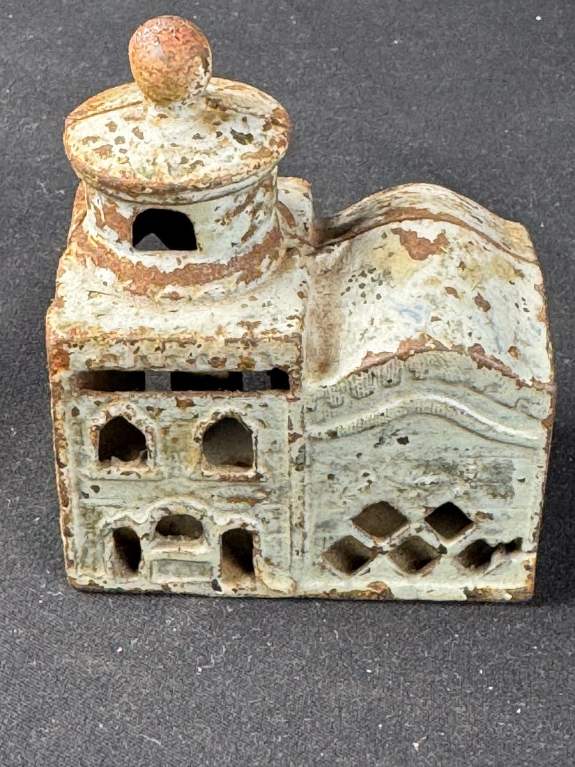 Vintage Cast Iron Temple still bank. c. 1900: Retains some of its original white paint