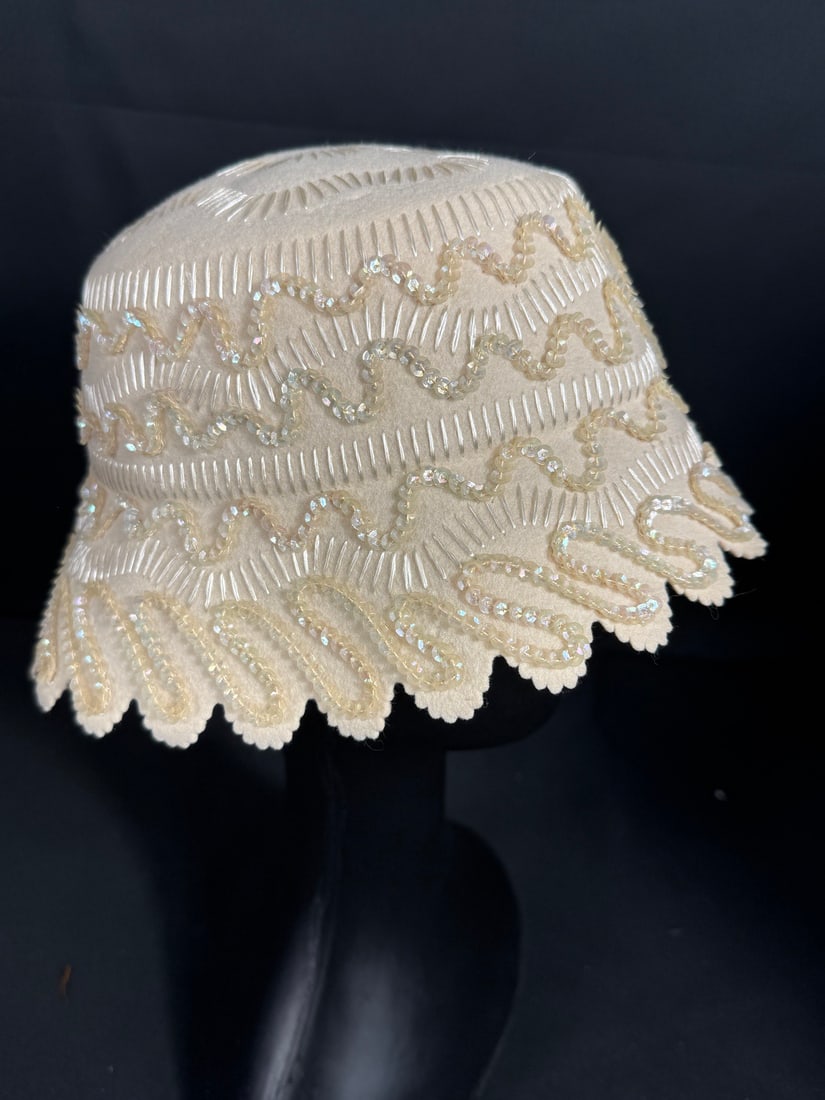 1920s - 1930s Wool - Felt Sequin Clouche Scalloped Hat: Might be as late as the 1950s however, the construction appears to be older. A fine example in excellent condition
