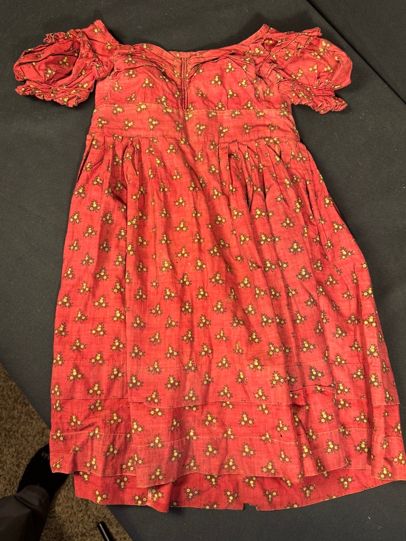 Civil War Era Girls Dress: Hand printed and sewn early child dress. Has been let out several times, and shows period repairs. Very difficult to obtain examples from this period. Likely a size that would be appropriate for ages 
