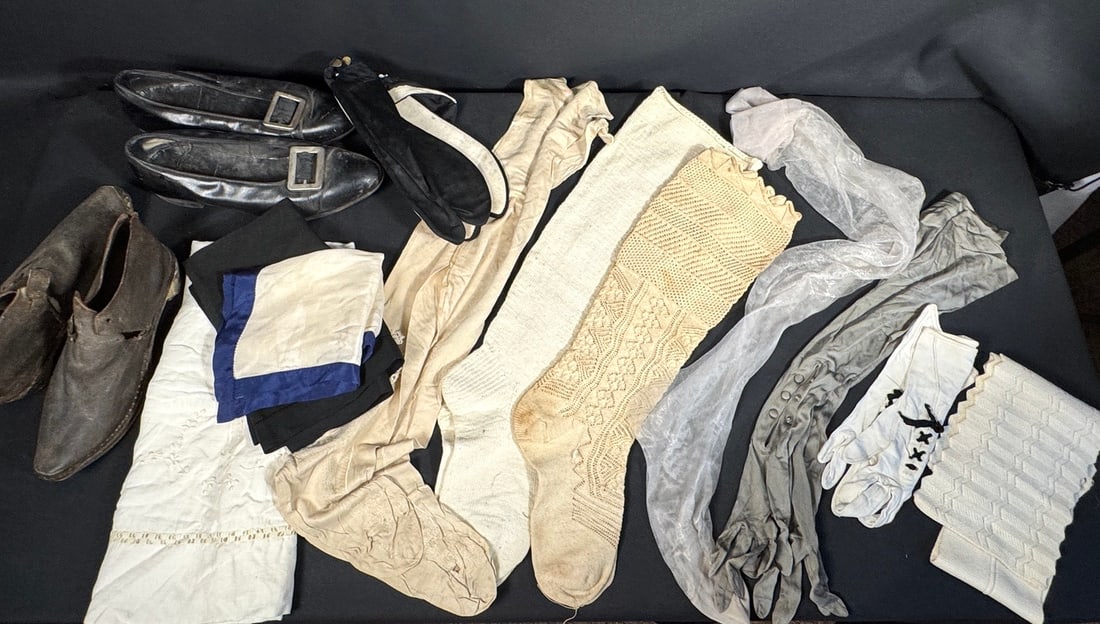 Vintage 1890s - 1940s Footwear and Hosiery: Includes a very early Victorian set of wooden and leather clogs, 1920s womens shoes, and various mens and womens hosiery