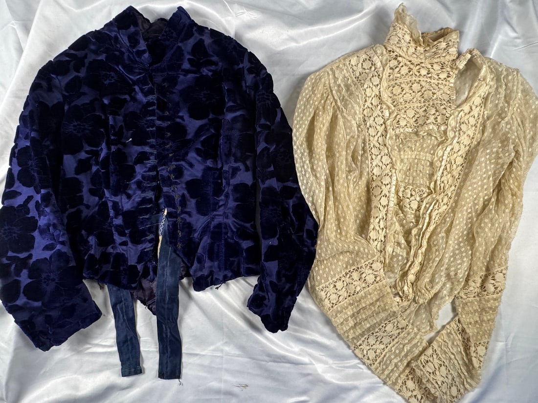 1870s Purple Flocked Bodice with Lace Inner Shirt: This bodice is a rich royal purple flocked fabric similar in visual effect to burnout velvet. It has light boning in the seam allowances and satin lining. The embroidered lace shirt with high color cr