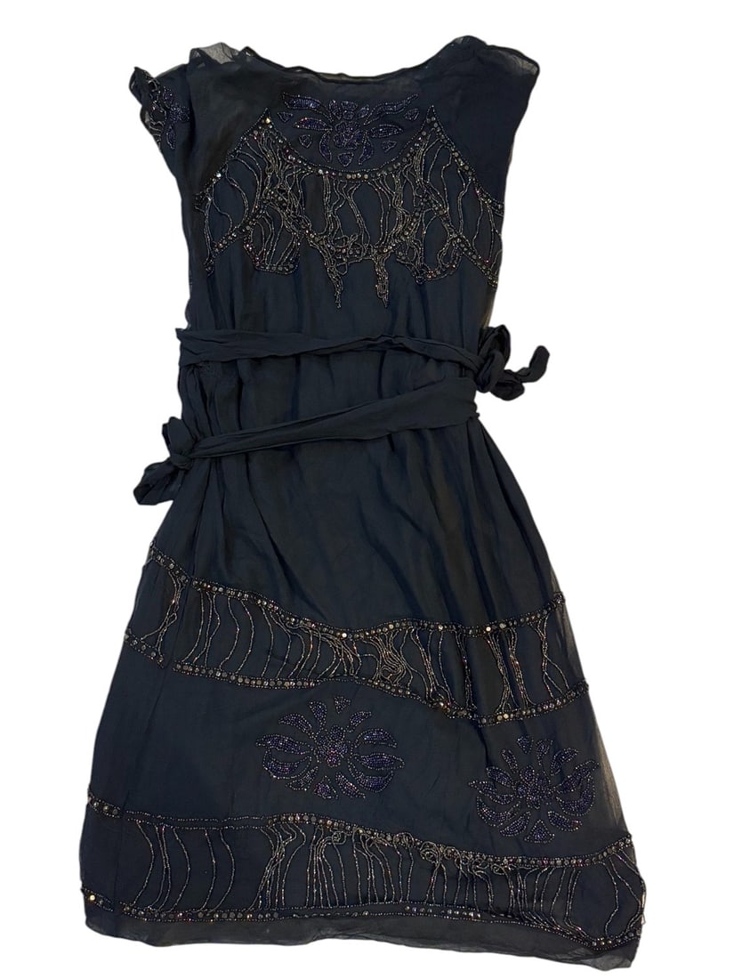 1920 "Flapper" Dress: Navy blue crepe flapper style dress beaded with black faceted beads. Beautiful example of the period. Shoulders are intact