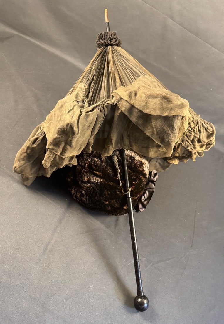 Antique Victorian era Parasol Umbrella: Highly decorative black parasol in excellent original condition. Still operates as designed showing minimal wear du to its age. The muff is not part of this lot.