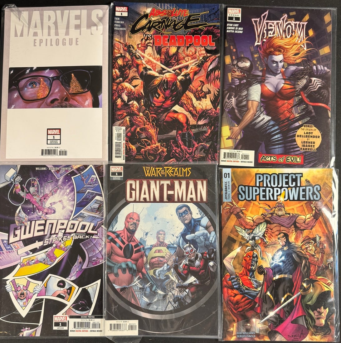 6 Comic Books, Marvel-s the War of the Realms: Giant-man -1 Variant-2019-: A collection of six modern-era comic books, prominently featuring Marvel Comics- *The War of the Realms: Giant-Man -1 Variant* from 2019. The group also includes Marvel Comics- *Marvels Epilogue* -Var