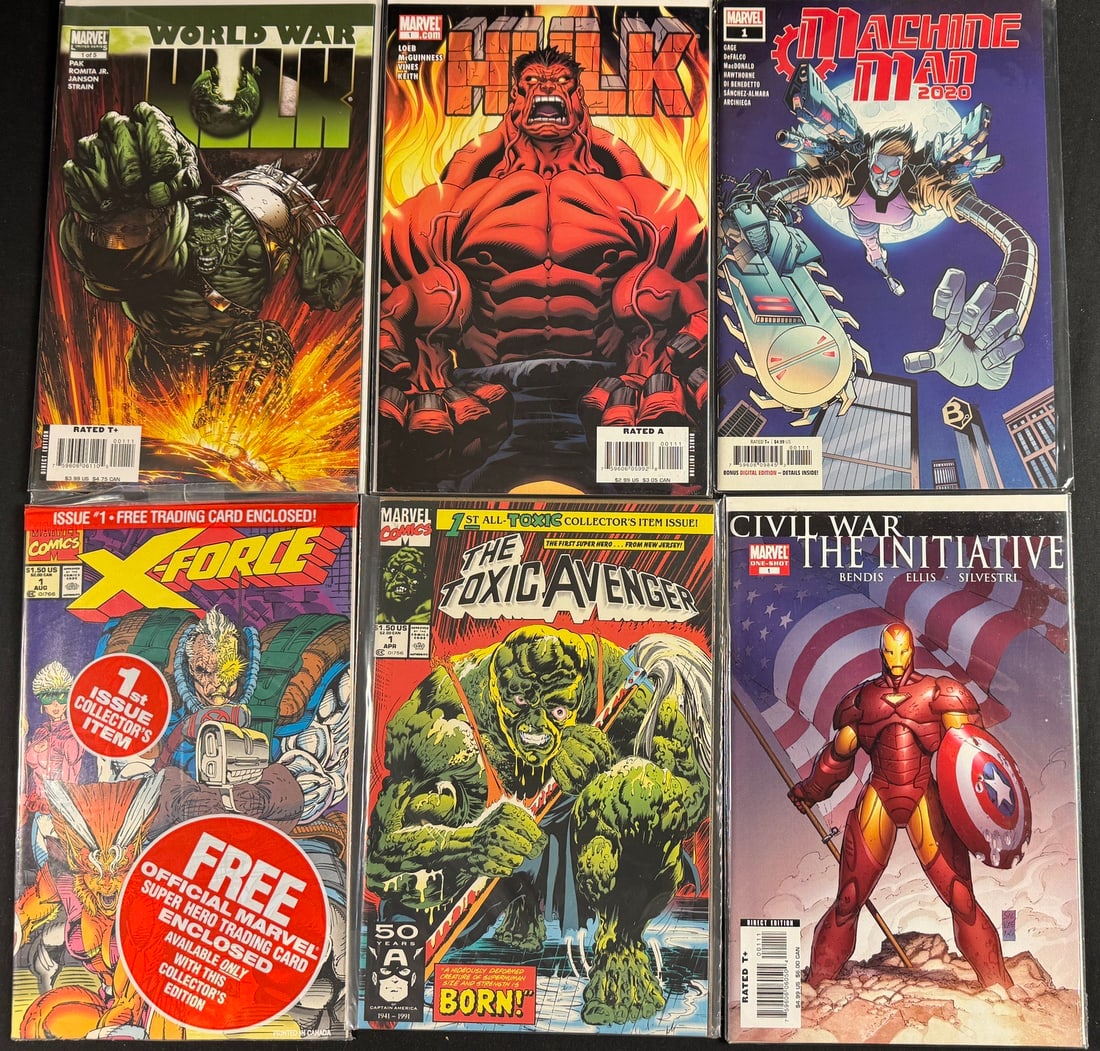 6 Marvel Comics, the Toxic Avenger -1-april 1991-: A collection of six American comic books from Marvel Comics, featuring *The Toxic Avenger -1* -April 1991-. This issue is marked -1st ALL-TOXIC COLLECTOR-S ITEM ISSUE!- and bears a -50 Years of Captai