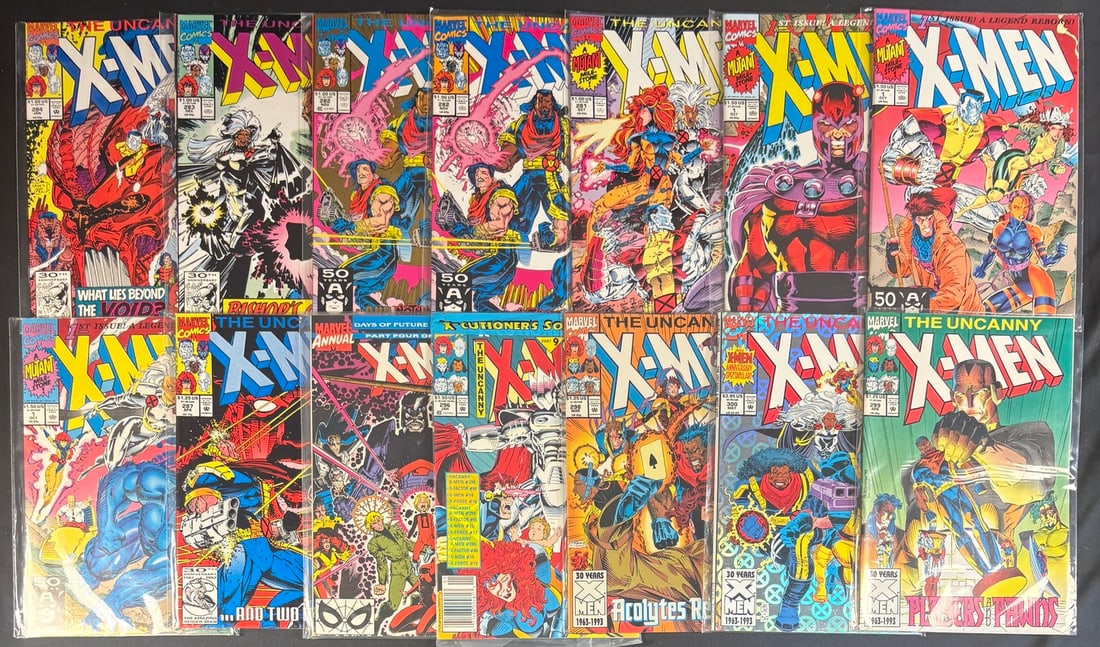 Approximately 18 Marvel Comics X-men and the Uncanny X-men Comic Books, 1991-1993: A collection of approximately eighteen Marvel Comics, comprising issues predominantly from -The Uncanny X-Men- and -X-Men- -Vol. 2 -1-. These comics primarily date from 1991 to 1993, with visible cove