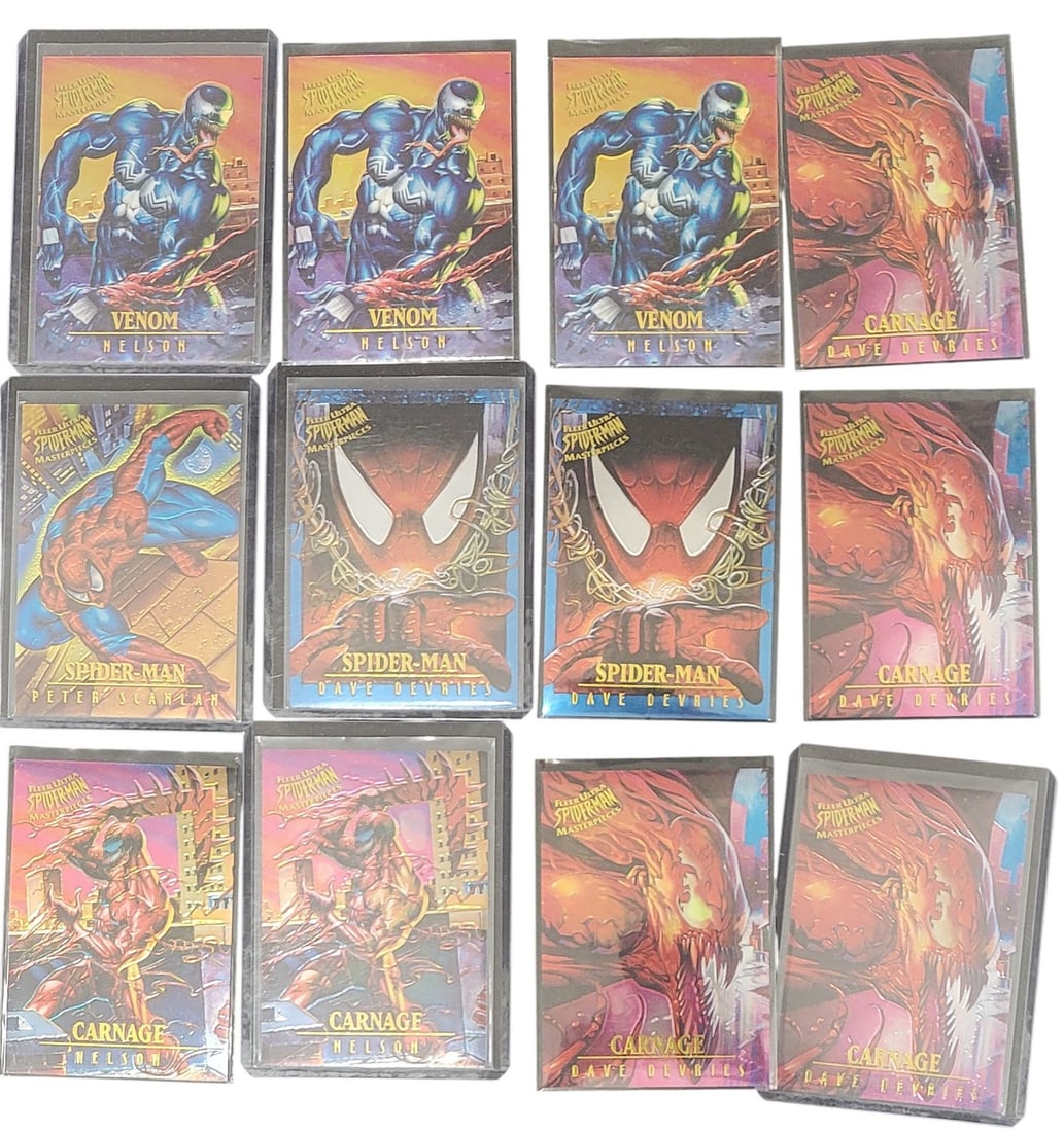 12 1995 Fleer Ultra Spider-man Masterpieces Trading Cards: A collection of twelve 1995 Fleer Ultra Spider-Man Masterpieces trading cards. Each card is individually encased in a clear plastic protector. Dated 1995 via copyright markings on the reverse, the car