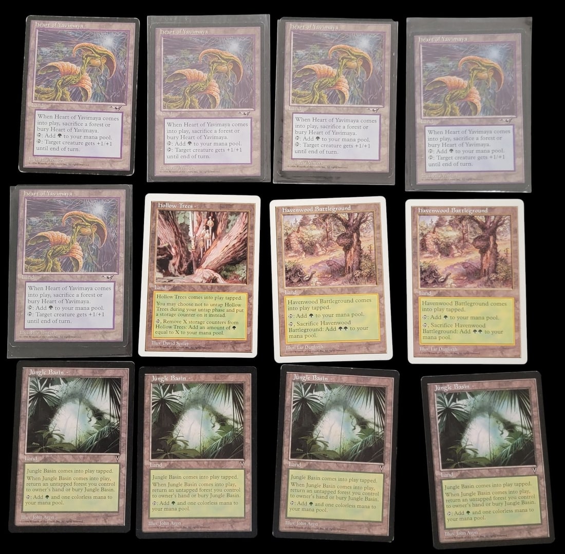 11-11-Magic: the Gathering Mercadian Masques Storage Lands: Eleven -11- Magic: The Gathering trading cards, primarily -Storage Lands- from the Mercadian Masques expansion set. Each card is individually protected in a clear plastic sleeve. These laminated paper