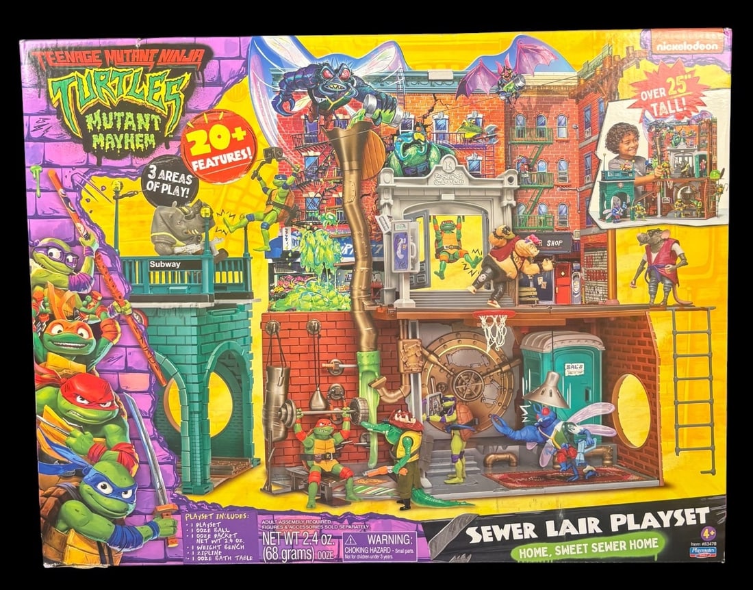 Playmates Toys Teenage Mutant Ninja Turtles: Mutant Mayhem Sewer Lair Playset: A Playmates Toys Teenage Mutant Ninja Turtles: Mutant Mayhem Sewer Lair Playset. This new-in-box, contemporary plastic toy playset is designed for children. The colorful cardboard packaging prominentl