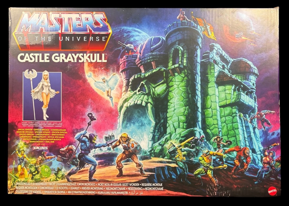 Mattel Masters of the Universe Origins Castle Grayskull Playset, 2021: A Mattel Masters of the Universe Origins Castle Grayskull Playset, released in 2021. Presented in its original retail packaging, the item features vibrant fantasy artwork on the front depicting the ic