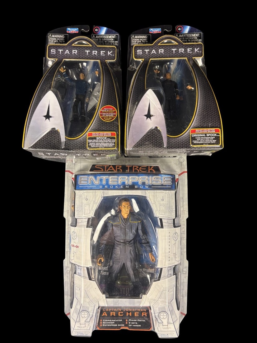3 Star Trek Action Figures: 2 Playmates Toys-galaxy Collection-Spock Figures and 1 Art: This lot comprises three new-in-package Star Trek collectible action figures. The first two figures are distinct Spock characters from the Playmates Toys -Galaxy Collection- -item -61759-, identified