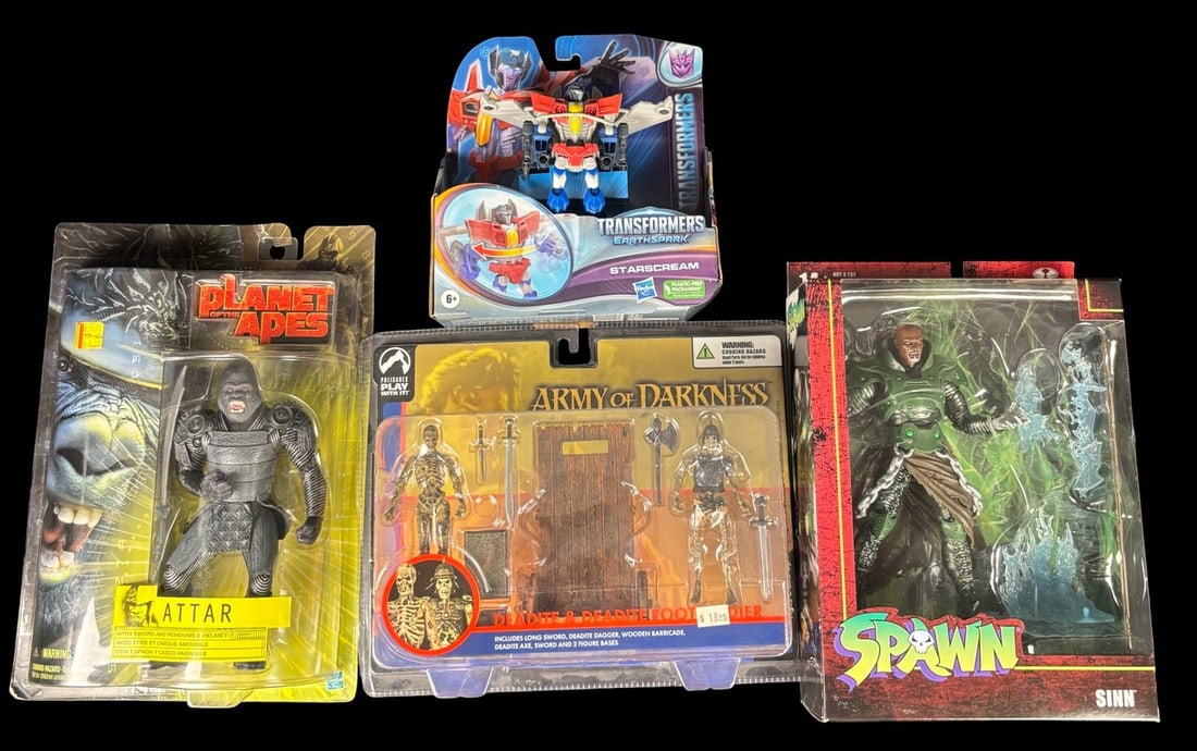 4 Action Figures, a 2004 Palisades Army of Darkness Deadite & Deadite Footsoldier 2-pack: A group of four modern collectible action figures, all presented new in their original factory-sealed packaging. The lot includes a 2004 Palisades Toys -Army of Darkness- Deadite & Deadite Footsoldier