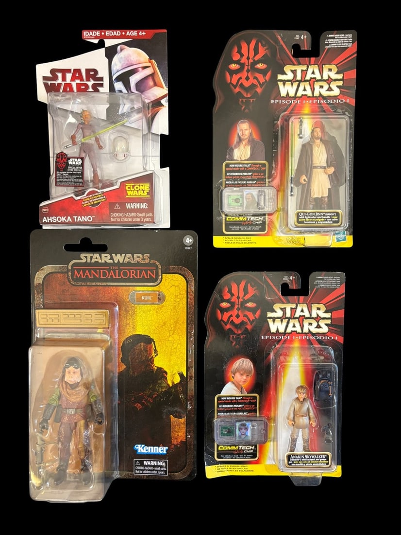4 Star Wars Hasbro Action Figures, Episode 1, the Clone Wars, and the Mandalorian: A group of four Star Wars Hasbro action figures, each sealed within its original, factory-carded blister packaging. The collection includes two figures from the -Star Wars Episode I- -EPISODIO I- coll