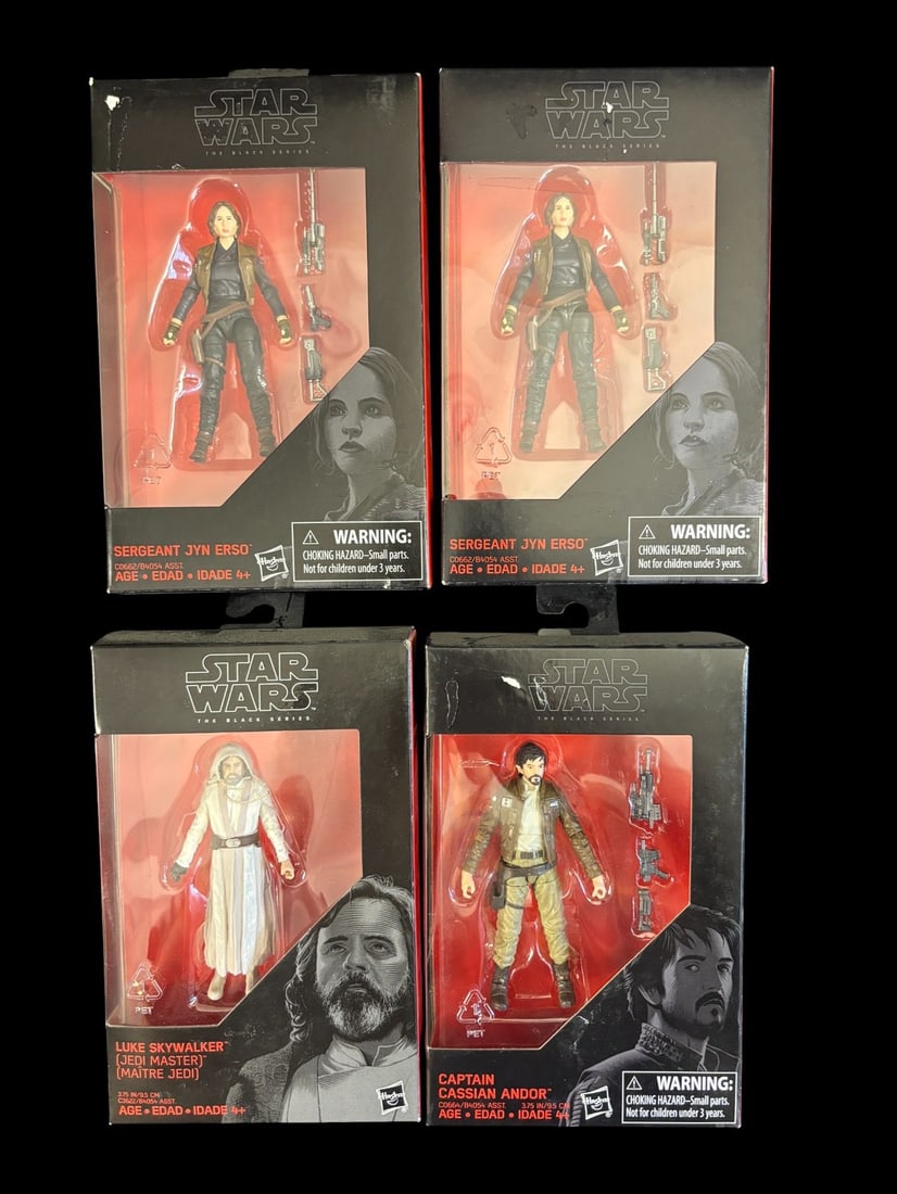 4 Star Wars the Black Series 3. 75-inch Action Figures, Hasbro, Featuring Jyn Erso, Luke Skywalker,: A group of four Star Wars The Black Series 3.75-inch action figures by Hasbro. The lot comprises two -SERGEANT JYN ERSO- figures, one -LUKE SKYWALKER -JEDI MASTER-- -also identified as -MA?TRE JEDI--,