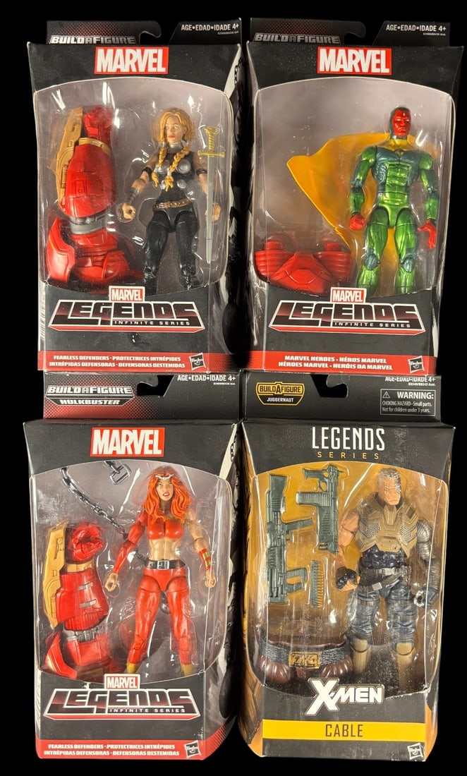4 Marvel Legends Infinite Series Action Figures, Thundra, Vision, and Cable: A group of four modern Marvel Legends Infinite Series plastic action figures, each sealed within its original blister packaging with cardboard backing. The lot comprises: 1. A Marvel Legends Infinite