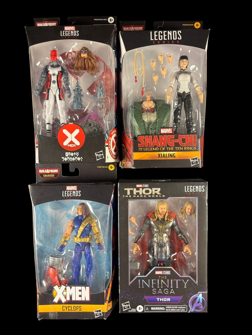 4 Hasbro Marvel Legends Series Action Figures, Shang-chi Xialing, X-men Cyclops, and Thor: A group of four new-in-box Hasbro Marvel Legends Series action figures, each sealed in its original blister card packaging. The figures represent characters from both Marvel Comics and the Marvel Cine