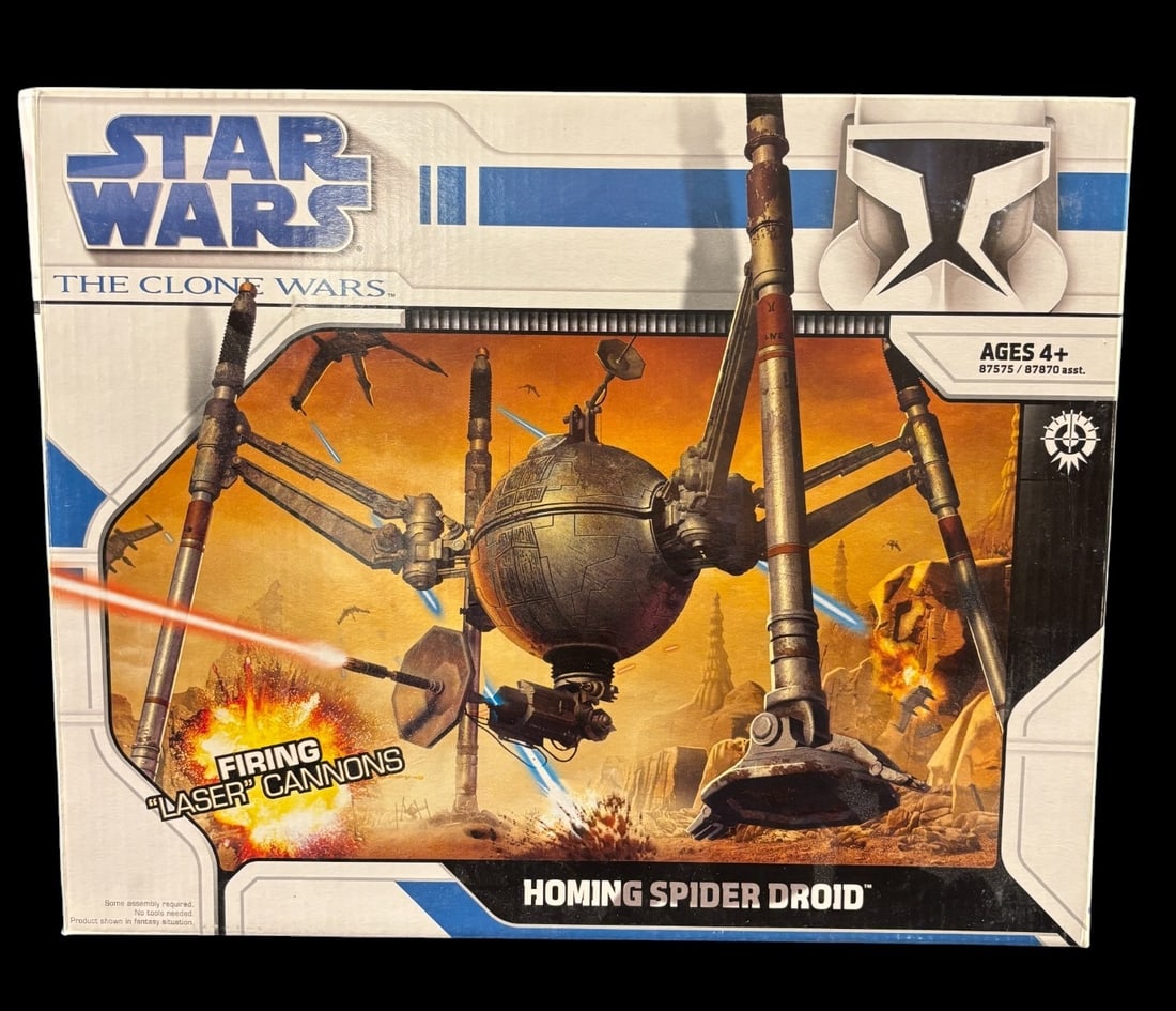 Hasbro Star Wars the Clone Wars Homing Spider Droid Action Vehicle: A modern, factory-sealed Hasbro Star Wars -The Clone Wars- series toy, identified as an OG-9 Homing Spider Droid action vehicle. The item is presented in its original cardboard box, featuring dynamic