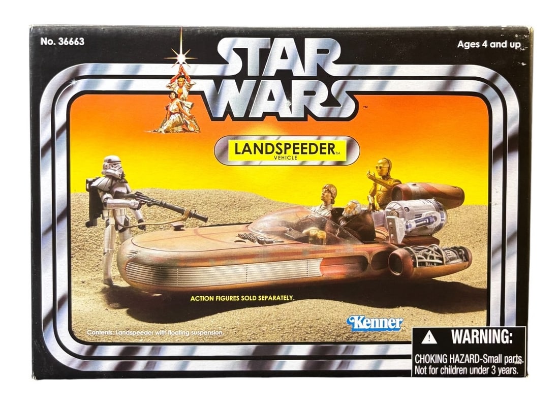 Star Wars the Vintage Collection Landspeeder Vehicle, Kenner/hasbro, 2011: A Star Wars The Vintage Collection Landspeeder Vehicle. Manufactured by Hasbro in 2011, this item features retro-style cardboard packaging with prominent -STAR WARS- and -Kenner- branding. The box dep