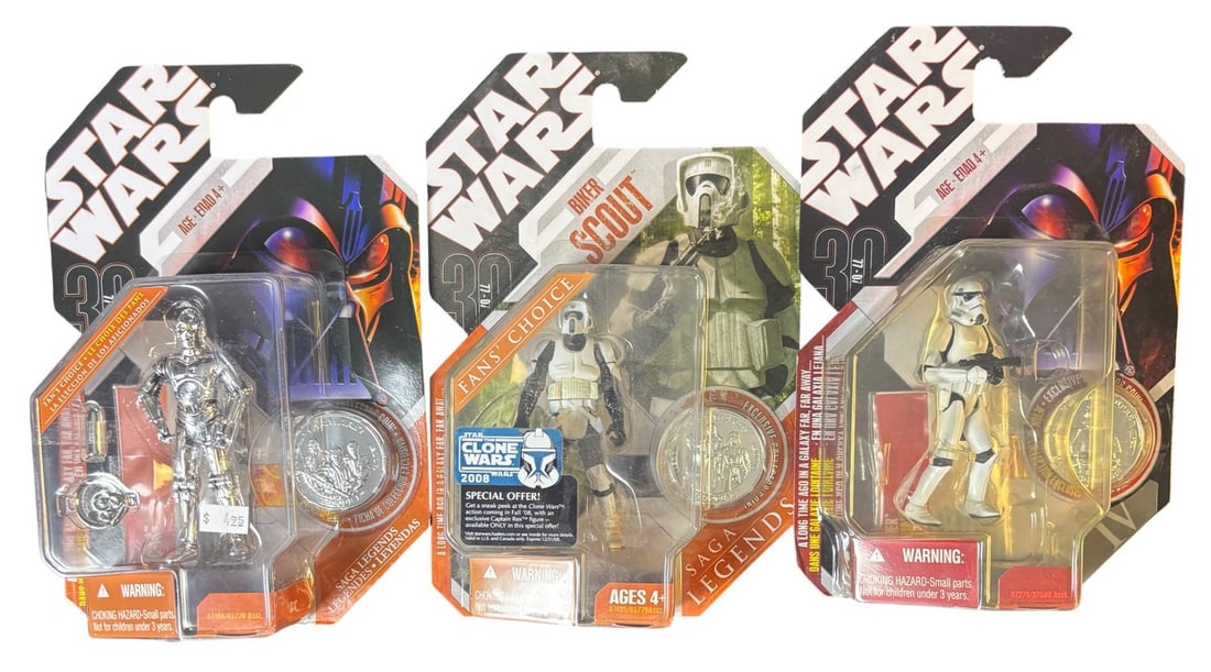 3 Hasbro Star Wars 30th Anniversary Saga Legends Action Figures: C-3po, Biker Scout, and: A group of three Hasbro Star Wars 30th Anniversary -Saga Legends- series action figures, likely dating to 2007-2008. Each plastic figure, portraying a distinct character?a silver C-3PO, a Biker Scout,