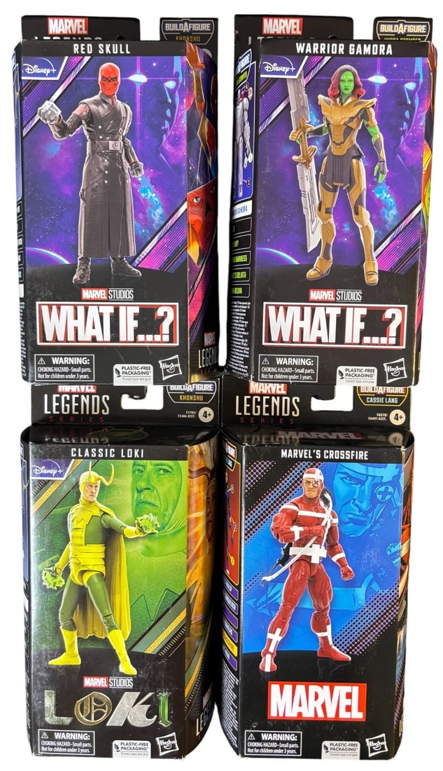 4 Marvel Legends Series Action Figures, Red Skull, Warrior Gamora, Classic Loki, and Marvel-s: A group of four Marvel Legends Series action figures, each sealed in its original cardboard packaging. The figures presented are -Red Skull- and -Warrior Gamora- from the Disney+ series -WHAT IF...?-,